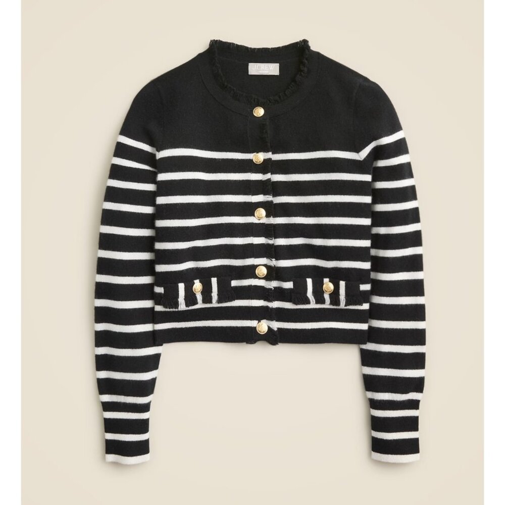 NWT J.Crew Cashmere Fringe-trim Sweater Lady Jacket in Black Ivory Stripe XXL